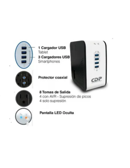 REGULADOR DE VOLTAJE CDP R2CU-AVR1008 1000VA-500W-Entrada-Salida 4 USB