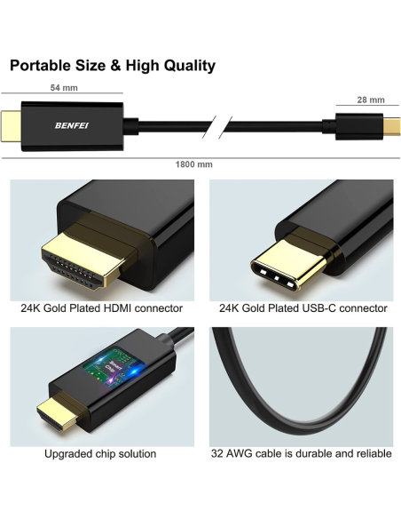 CABLE BENFEI TIPO C MACHO A HDMI MACHO 6 PIES