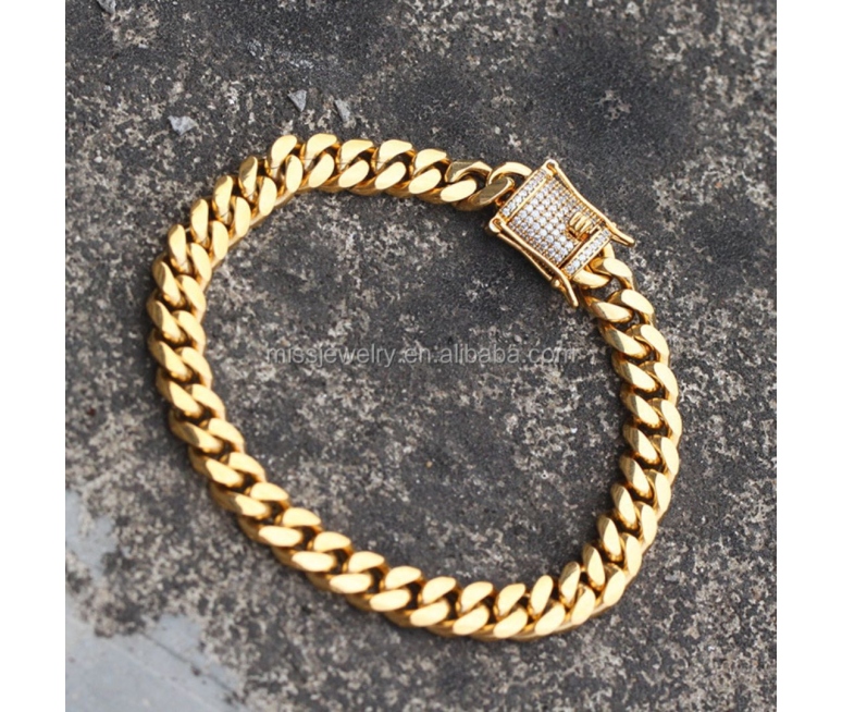PULSERA DE ESLABONES CUBANOS DE MIAMI JEWELRY URBAN DE 8MM ORO (2 MEDIDAS: 7 Y 9 PULGADAS DE LARGO)