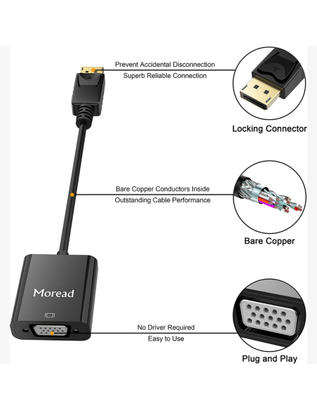 ADAPTADOR CABLE MOREAD DISPLAYPORT MACHO A VGA HEMBRA