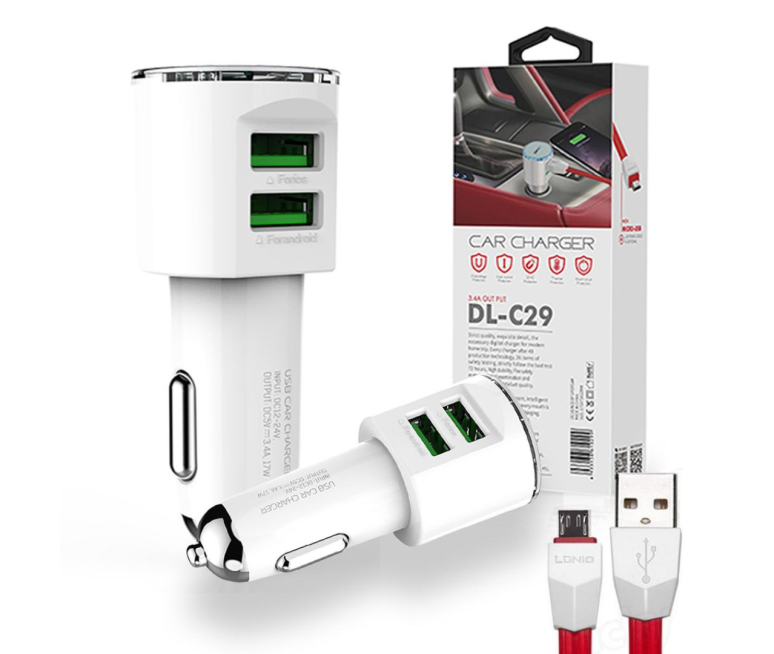 CARGADOR VEHICULAR LDNIO DL-C29 18W 3.4A - 2P USB + (CABLE IPHONE o TIPO C o MICRO-USB)