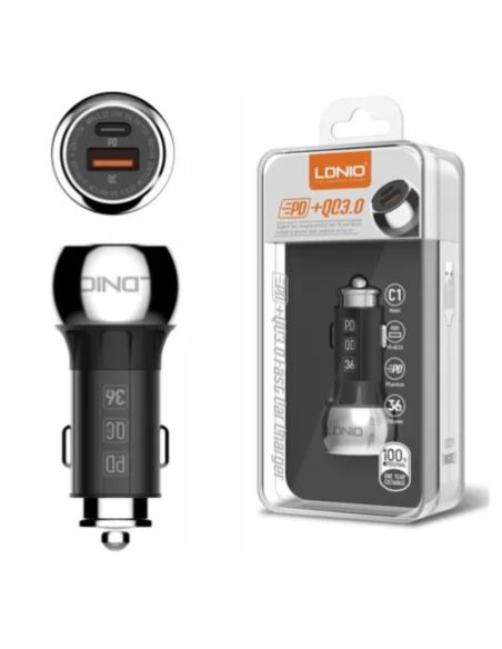 CARGADOR VEHICULAR LDNIO C1 36W 2P 1USB + PD + (CABLE TC A TC o USB A MICRO-USB)