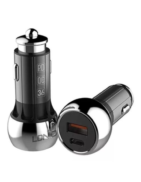 CARGADOR VEHICULAR LDNIO C1 36W 2P 1USB + PD + (CABLE TC A TC o USB A MICRO-USB)