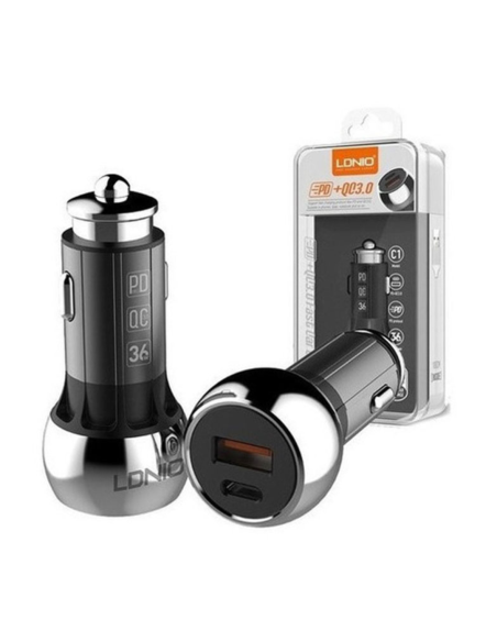 CARGADOR VEHICULAR LDNIO C1 36W 2P 1USB + PD + (CABLE TC A TC o USB A MICRO-USB)