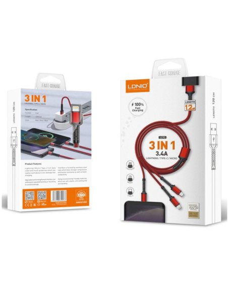 CABLE LDNIO LC93 3 EN 1 - 18W 3.4A EN TIPO C - MICRO-USB - IPHONE