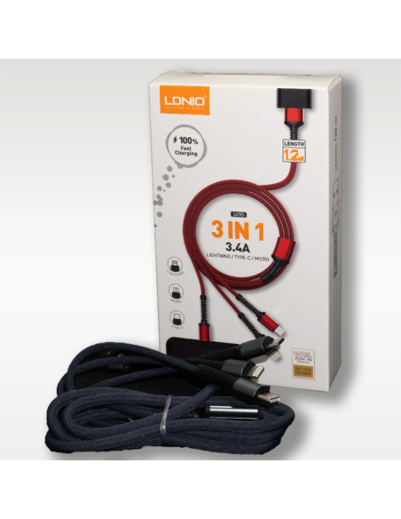 CABLE LDNIO LC93 3 EN 1 - 18W 3.4A EN TIPO C - MICRO-USB - IPHONE