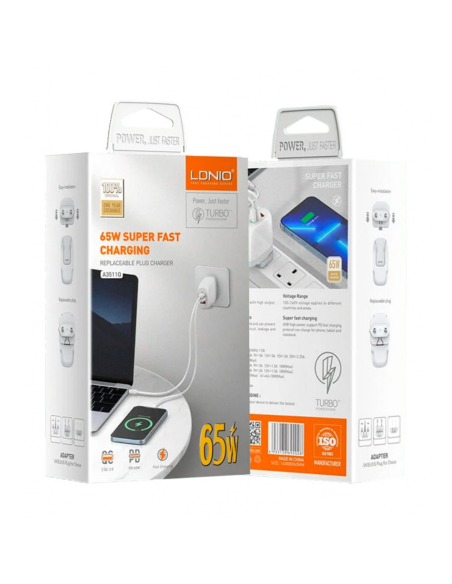 CARGADOR LDNIO A3511Q 65W PD + 2USB CON CABLE (TIPO C o MICRO-USB)