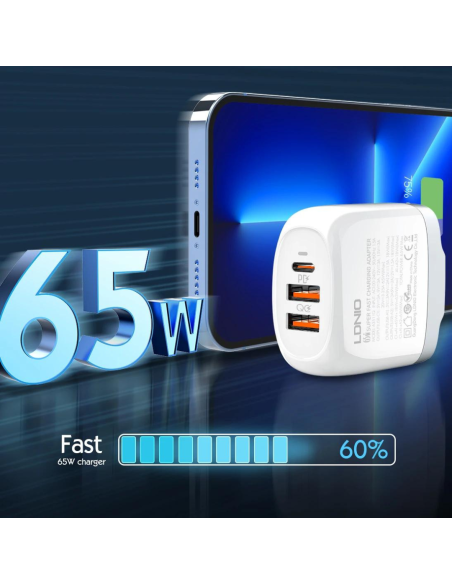 CARGADOR LDNIO A3511Q 65W PD + 2USB CON CABLE (TIPO C o MICRO-USB)