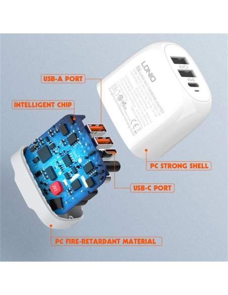 CARGADOR LDNIO A3511Q 65W PD + 2USB CON CABLE (TIPO C o MICRO-USB)
