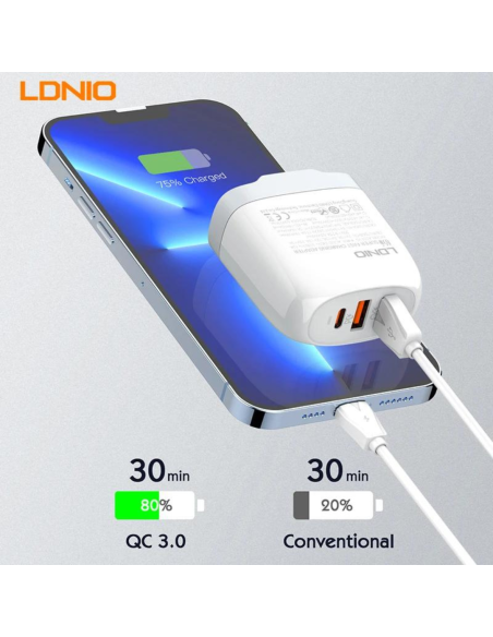 CARGADOR LDNIO A3511Q 65W PD + 2USB CON CABLE (TIPO C o MICRO-USB)