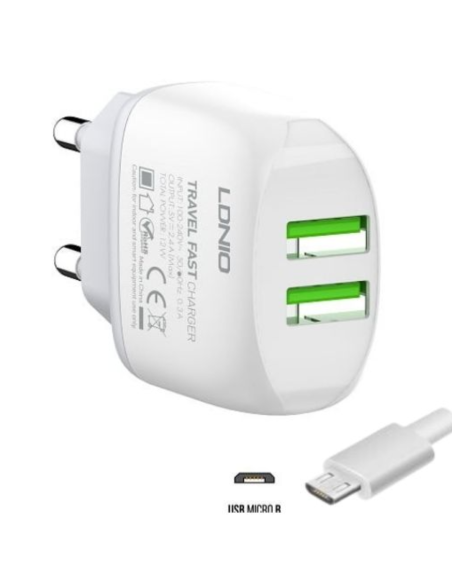 CARGADOR LDNIO A2219 12W-2P USB + CON CABLE TIPO C - MICRO USB - IPHONE