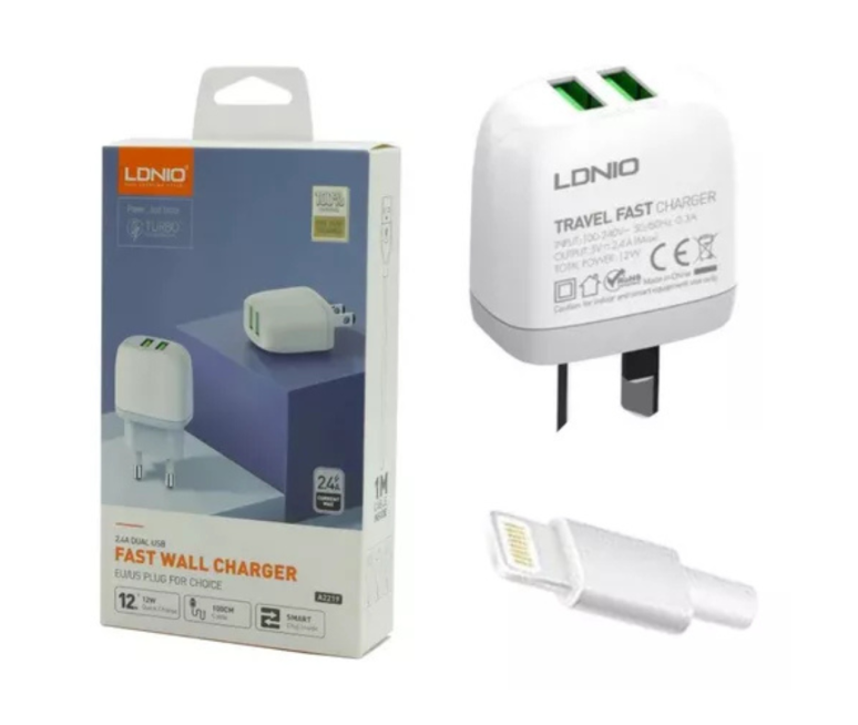 CARGADOR LDNIO A2219 12W-2P USB + CON CABLE TIPO C - MICRO USB - IPHONE