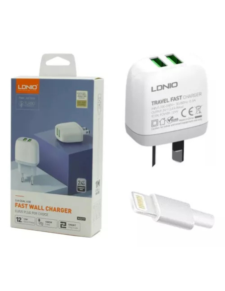 CARGADOR LDNIO A2219 12W-2P USB + CON CABLE TIPO C - MICRO USB - IPHONE