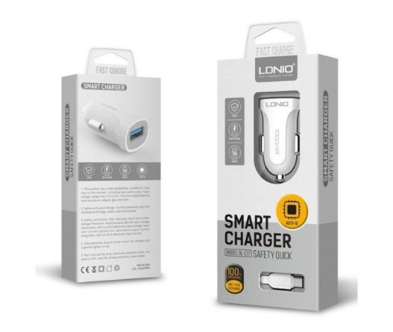 CARGADOR VEHICULAR LDNIO DL-C17 12W 2.4A CON CABLE TIPO C - MICRO USB - IPHONE