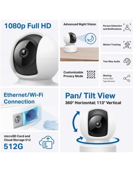 CAMARA TP-LINK WIFI TAPO C202 1080P HD GIRATORIA 360 GRADOS HD VISION NOCTURNA ALARMA