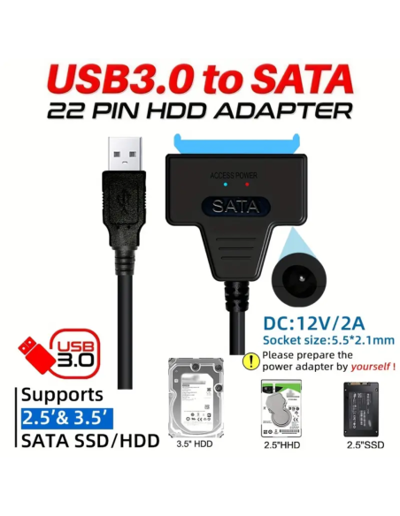 CABLE ADAPTADOR UNIVERSAL SATA A USB 3.0 DISCOS DUROS EXTERNOS DE 2.5" 3.5"