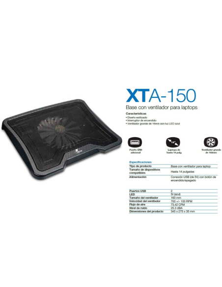 BASE DE ENFRIAMIENTO PARA LAPTOP XTECH COOLER USB HASTA 14" XTA150