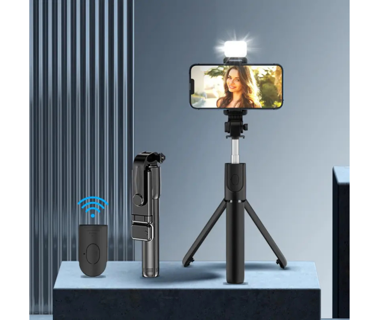 TRIPODE EXTENSIBLE UNIVERSAL GIRATORIO 360° CON LUZ ANULAR INCORPORADA CONTROL REMOTO INALAMBRICO