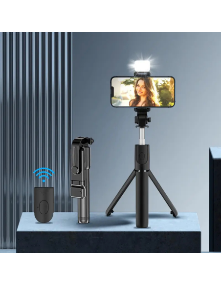TRIPODE EXTENSIBLE UNIVERSAL GIRATORIO 360° CON LUZ ANULAR INCORPORADA CONTROL REMOTO INALAMBRICO