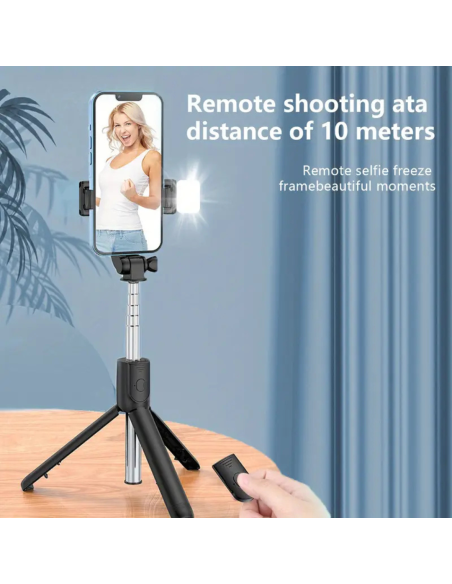 TRIPODE EXTENSIBLE UNIVERSAL GIRATORIO 360° CON LUZ ANULAR INCORPORADA CONTROL REMOTO INALAMBRICO