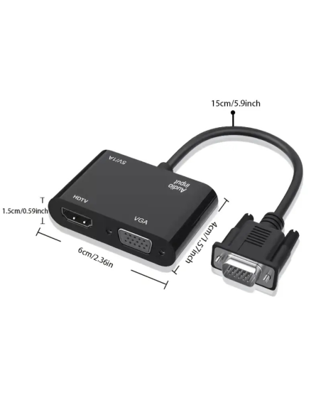 ADAPTADOR VGA MACHO A VGA HEMBRA - HDMI HEMBRA CON AUDIO DIVISOR DUAL