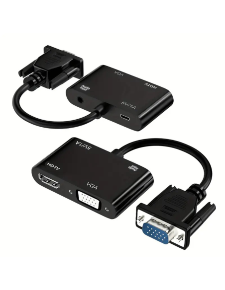 ADAPTADOR VGA MACHO A VGA HEMBRA - HDMI HEMBRA CON AUDIO DIVISOR DUAL
