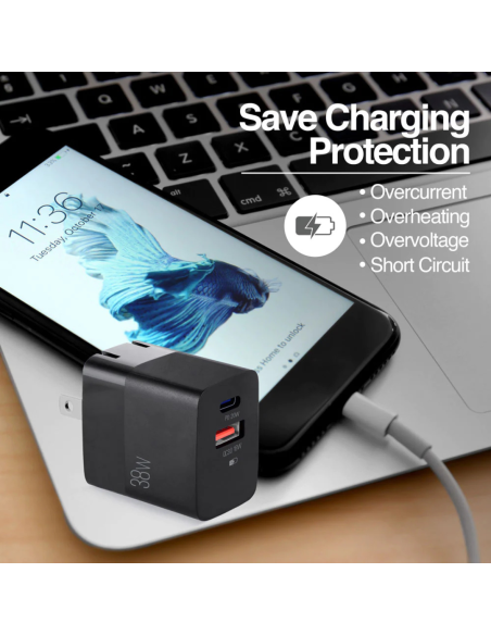 CARGADOR DE PARED ARGOM 38W PRO TIPO C - USB NEGRO