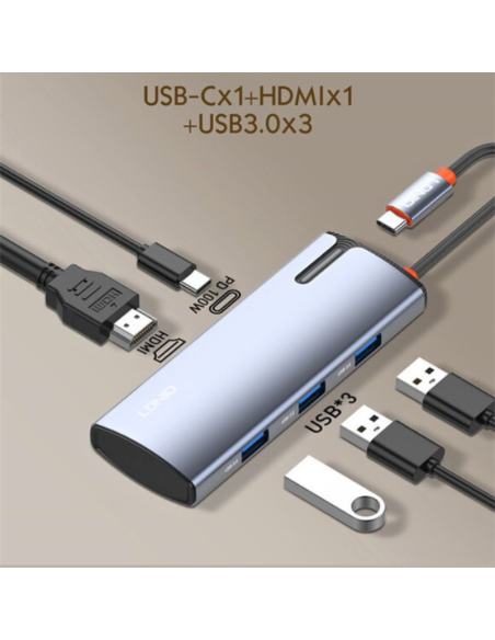 HUB LDNIO DS-15H 100W TIPO C A 1 PD+ 1 HDMI 4K+ 3 USB 3.0