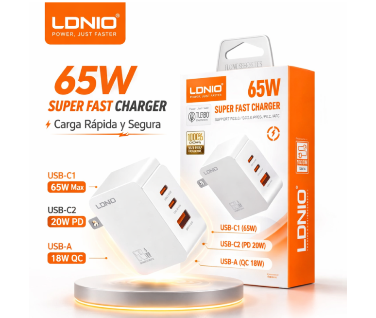 CARGADOR LDNIO Q4 65W 2P PD + USB CON...