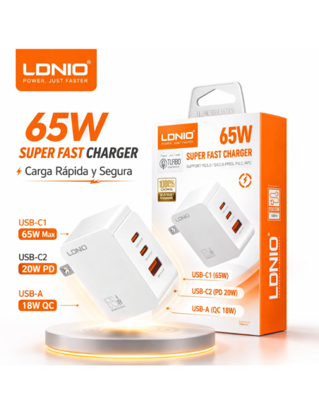CARGADOR LDNIO Q4 65W 2P PD + USB CON CABLE TIPO C