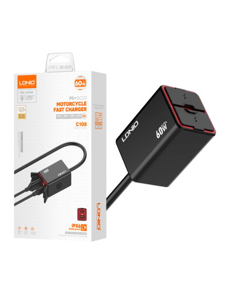 CARGADOR LDNIO MOTO C108 60W 2P USB+PD CON CABLE TIPO C - LIGHTNING