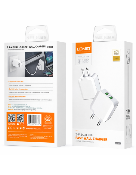 CARGADOR LDNIO A2201 12W 2P USB CON CABLE TIPO C - LIGHTNING