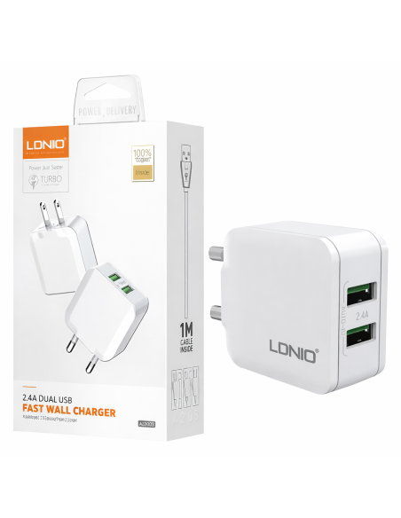 CARGADOR LDNIO A2201 12W 2P USB CON CABLE TIPO C - LIGHTNING