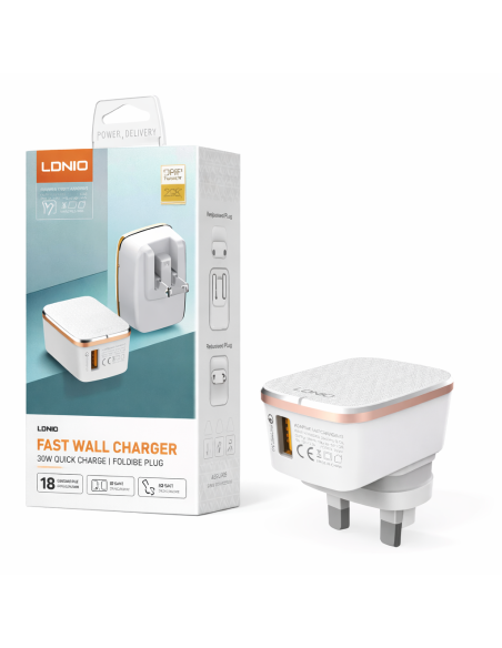 CARGADOR LDNIO A1204Q 18W 1P USB CON CABLE TIPO C - LIGHTNING - MICRO-USB