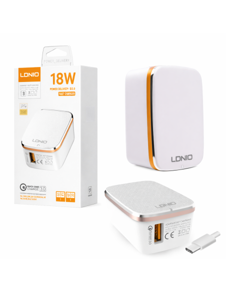 CARGADOR LDNIO A1204Q 18W 1P USB CON CABLE TIPO C - LIGHTNING - MICRO-USB