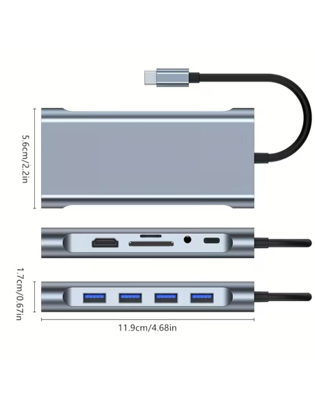HUB MULTIFUNCIONAL 11 EN 1 TIPO C CON PUERTOS HDMI – VGA – TIPO C – ETHERNET – LECTOR DE TARJETAS