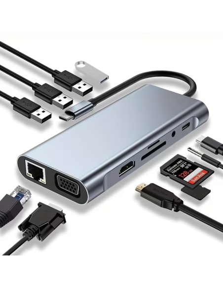 HUB MULTIFUNCIONAL 11 EN 1 TIPO C CON PUERTOS HDMI – VGA – TIPO C – ETHERNET – LECTOR DE TARJETAS