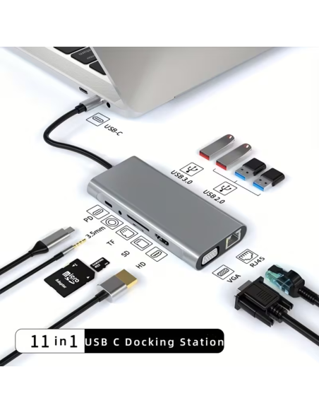 HUB MULTIFUNCIONAL 11 EN 1 TIPO C CON PUERTOS HDMI – VGA – TIPO C – ETHERNET – LECTOR DE TARJETAS
