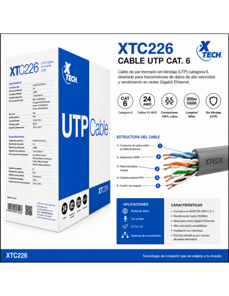 CAJA DE CABLE UTP XTECH XTC – 226 CAT. 6 305 MTS. INT GRAY