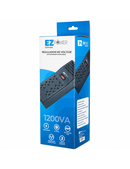 REGULADOR DE VOLTAJE EZ POWER 1200VA – 600W – 8 TOMAS – 2 USB 120V EZVR-1200