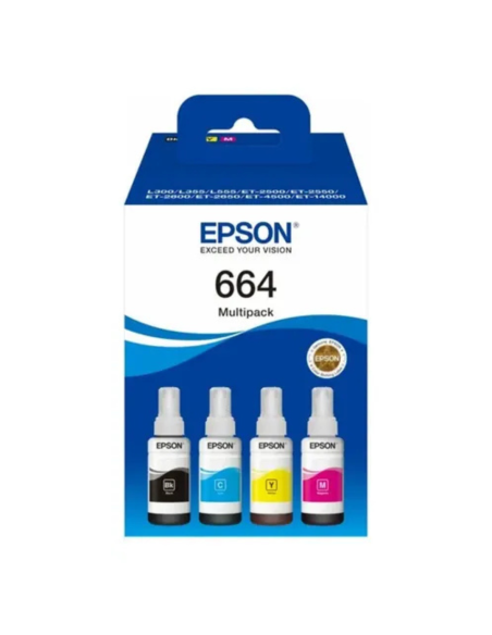 PAQUETE PACK DE 4 BOTELLAS DE TINTA EPSON 664 NEGRO, AMARILLO, AZUL Y ROJO