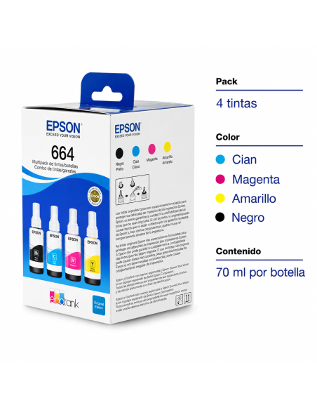PAQUETE PACK DE 4 BOTELLAS DE TINTA EPSON 664 NEGRO, AMARILLO, AZUL Y ROJO