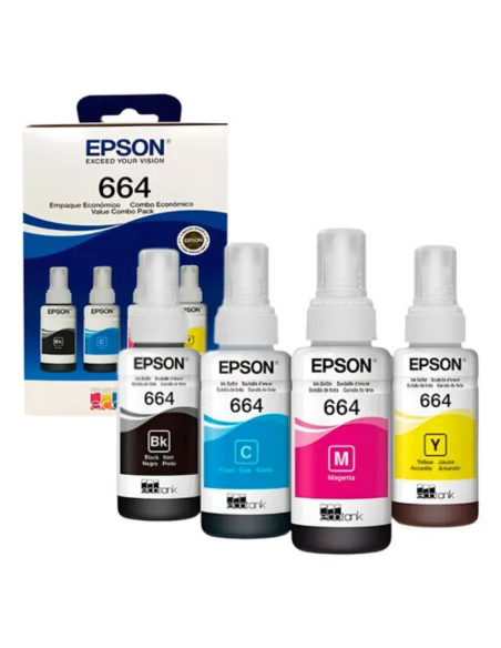 PAQUETE PACK DE 4 BOTELLAS DE TINTA EPSON 664 NEGRO, AMARILLO, AZUL Y ROJO