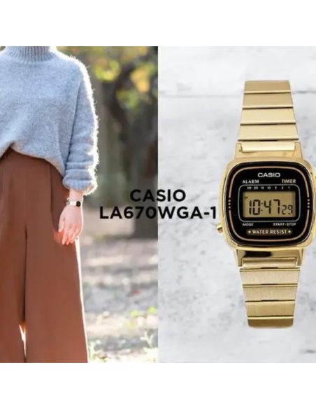 RELOJ CASIO DORADO LA670WGA-1 25MM CUADRADO RETRO