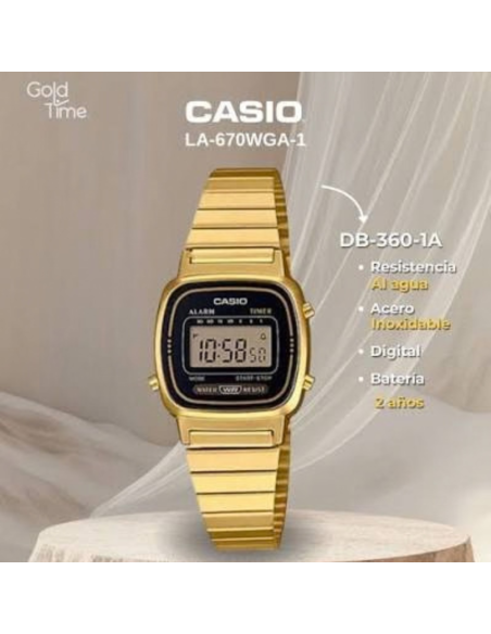 RELOJ CASIO DORADO LA670WGA-1 25MM CUADRADO RETRO